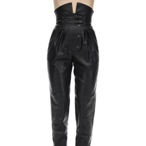 MAISON MARGIELA Black High Waisted Coated Trousers | Tapered Faux Leather Pants